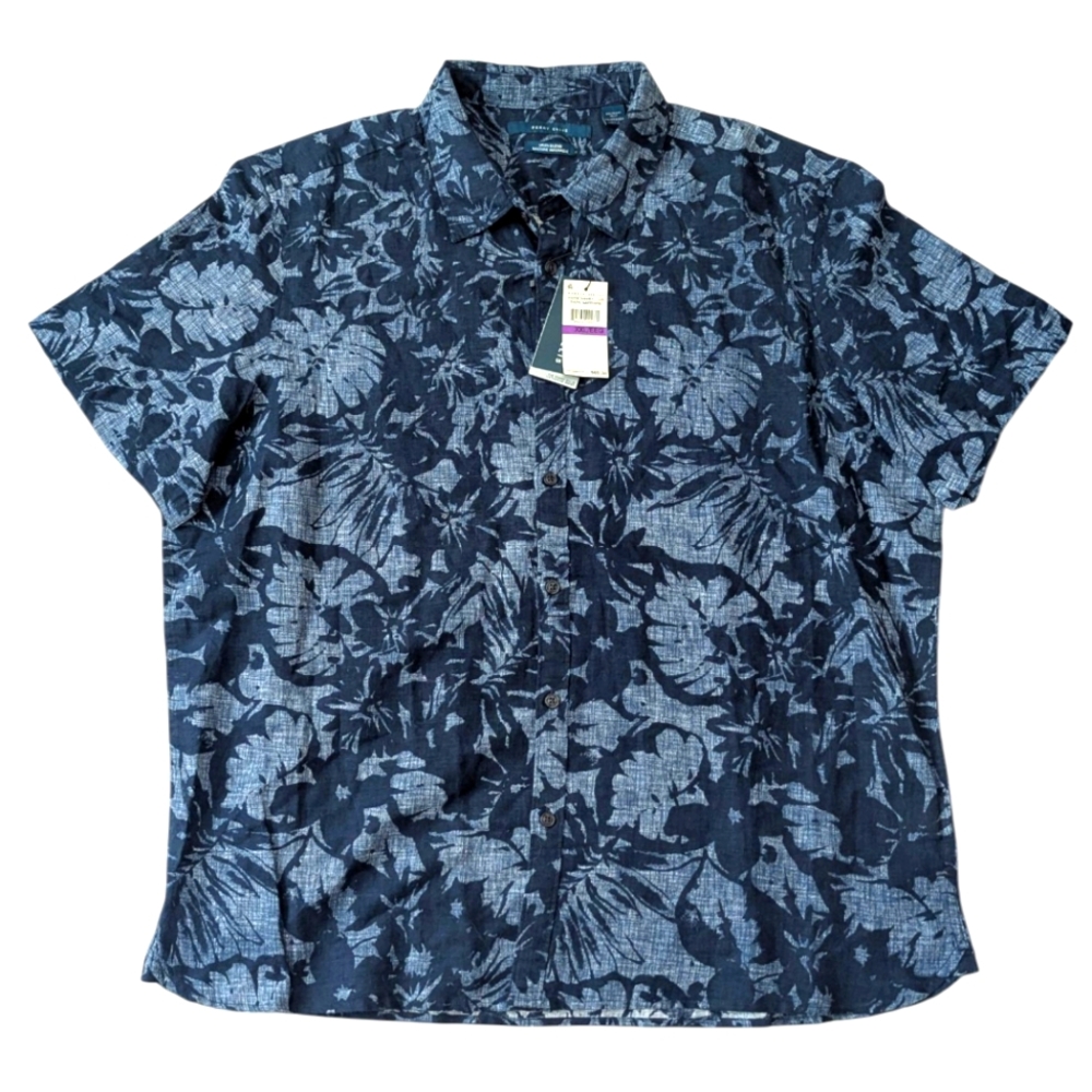 Perry Ellis Men's Blue Floral Print Linen  Short Sleeve Button Down Shirt XXL